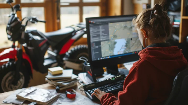Personne en sweat rouge travaillant sur un ordinateur avec une carte, quad électrique stationné dans la pièce