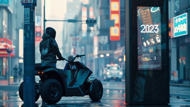 Personne en tenue urbaine sur quad électrique noir sous pluie nocturne avec panneau lumineux "2023" en arrière-plan